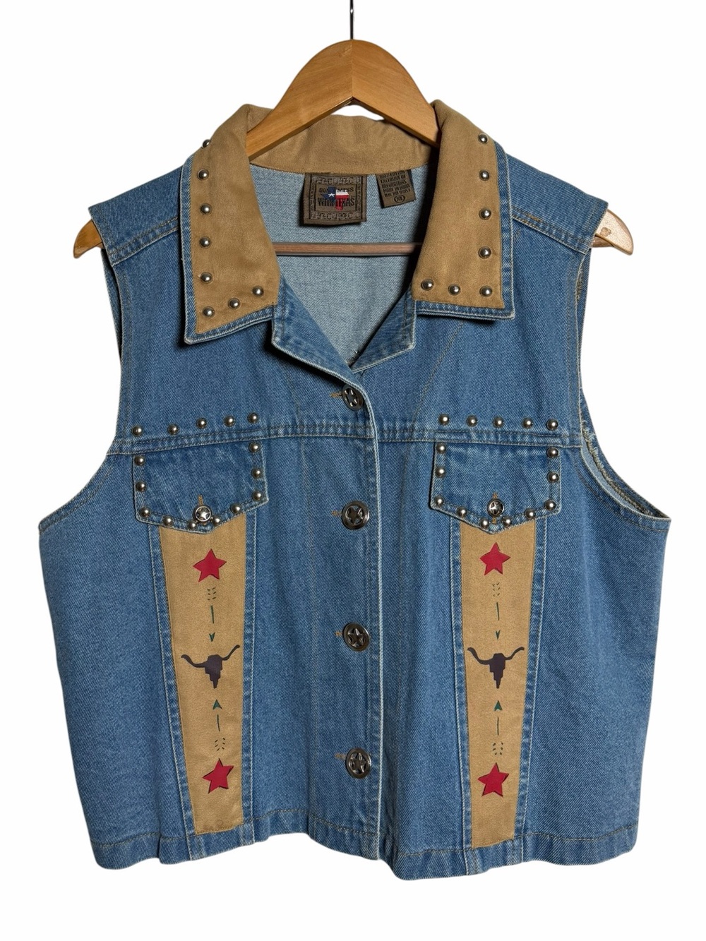 Vintage Don’t Mess With Texas Western Denim Vest Studded Cowboy Cowgirl XL